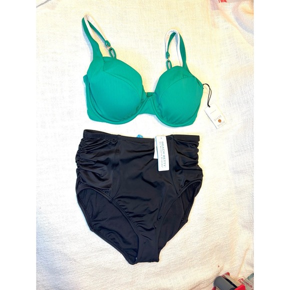 Shade & Shore Other - Shade and Shore Emerald Green Ribbed Bralette top & High Waist Black Bottom New